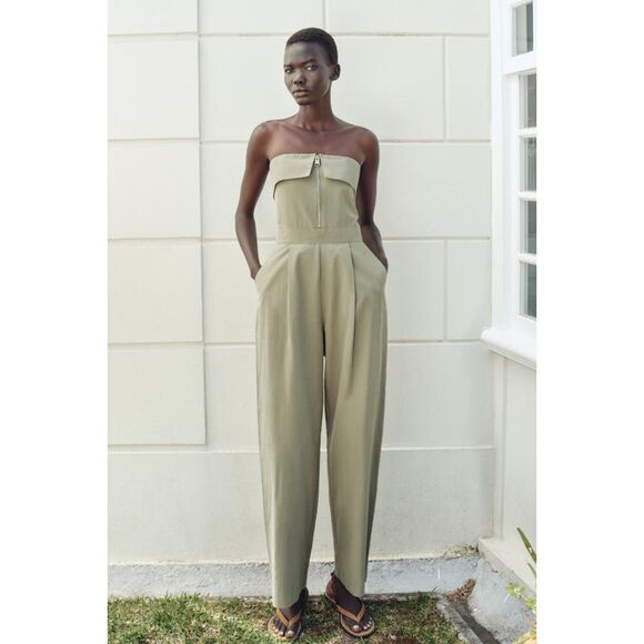 Zara Pants - Green Zara Zipper Front Foldover Strapless Wide Leg One-Piece Jumpsuit (NWT)